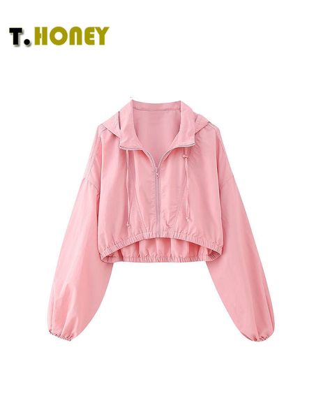 Mélanges de laine de veste pour femmes TELLHONEY Femmes Mode Front Zipper À Capuche Tenues Femme Casual Manches Longues Plis Chic Rose Crop Tops 230918