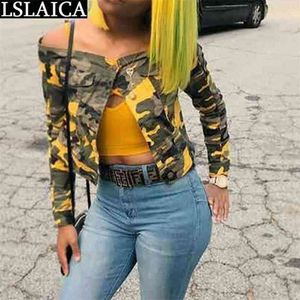 Damesjas Short Outfit Camouflage Mode Slanke Jassen Voor Vrouwen Slash Neck Pockets Casual Lange Mouw Chaqueta Mujer 210515