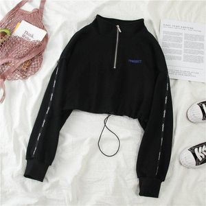 Damesjas Zipper Autumn Black Solid Hoodie Y2K Crop Tops Ligle mouw Sweatshirt Cool Loose Pullover High Street Females 221201