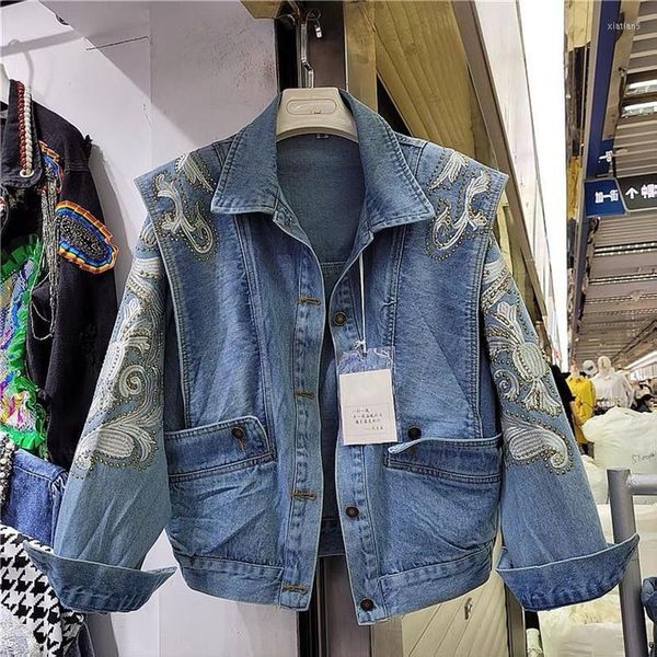 Chaquetas de mujer 2 en 1 abrigo de mezclilla corto con tachuelas bordadas para mujer ropa de calle traje de manga larga Casual otoño chaqueta azul