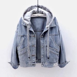 Damesjassen 2021 Herfst Denim Jas Losse Koreaanse Vrouw Lange Mouw BF Hooded Jacket Big Pocket Top Paar Outfit Jean