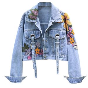 Damesjassen Lente Spijkerjas Damesmode Bloemen Borduurwerk Pailletten Korte Jeans Vintage Losse Streetwear