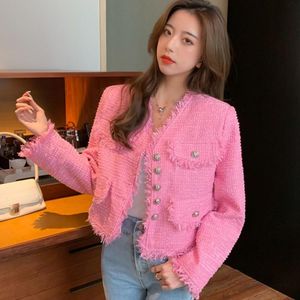 Damesjassen 2021 Spring Vintage Vrouwen Single-Breasted Pink Tweed Jas Elegante Mode V-hals Lange mouw Tassel Uitloper Femme