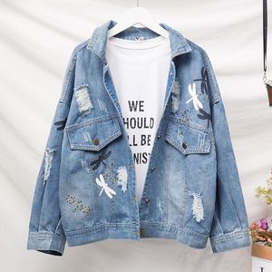 Vestes pour femmes 2022 Automne Denim Veste Mode Trou Lâche Jeans Modèle Revers Bleu Manches Longues Pardessus Occasionnel Plus Taille 5XL