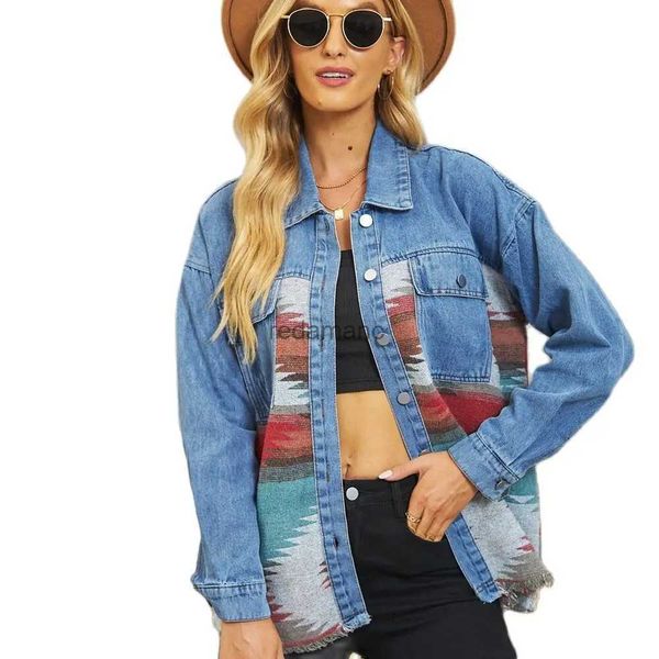 Chaquetas de mujer 2022 Otoño Nueva Moda Azteca Patrón Geométrico Chaqueta de Mezclilla Para Mujeres Calle Hipster Suelta Jeans Largos Abrigo Ropa Casual S-XL YQ231213