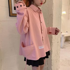 Vestes Femmes 2022 Chemise à manches longues Femmes Rose Turn Down Col Basic Casual Teen Gril Oversize Blouse Blouse Manteau