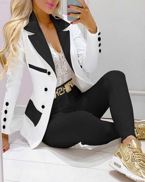 Vestes pour femmes 2022 femmes col rabattu à double boutonnage à manches longues Blazer manteau pantalon uni ensemble deux pièces élégant costume bureau dame tenues L230724