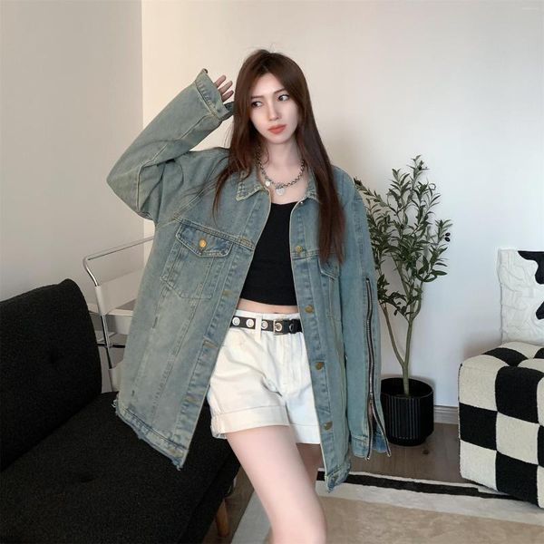 Chaquetas de mujer 2023 Estilo americano Vintage Washed Denim Zipper Design Chaqueta suelta Top High Street Ins Fashion