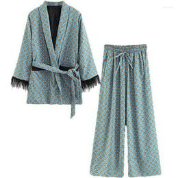 Chaquetas de mujer 2023 llegada azul estampado Kimono chaqueta con mangas de plumas pierna ancha suelta Cuasal pantalones mujeres Vintage ropa trajes