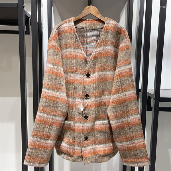 Chaquetas de mujer 2023 otoño e invierno amantes de lana cepillada mezclada a cuadros patrón cárdigan abrigo