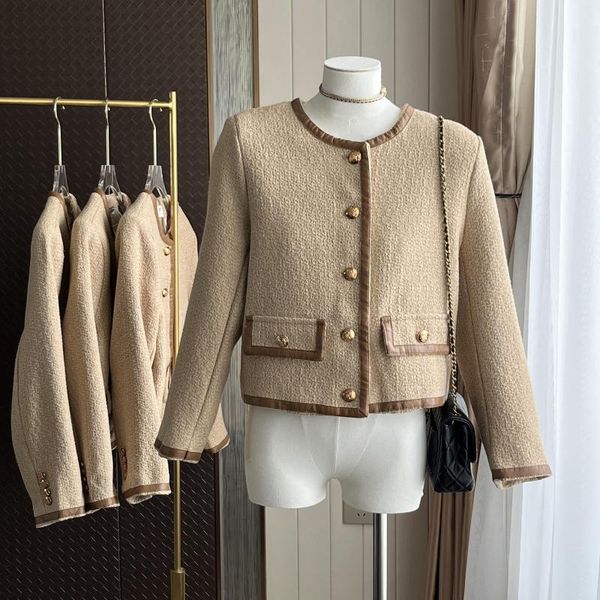 Chaquetas de mujer 2023 otoño Francia Vintage Tweed Patchwork cuero cuello redondo chaqueta abrigo elegante mujer manga larga botón dorado señoras prendas de vestir