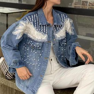 Vestes pour femmes 2023 automne industrie lourde diamant clouté perle dentelle papillon jean veste denim vêtements d'extérieur manteau