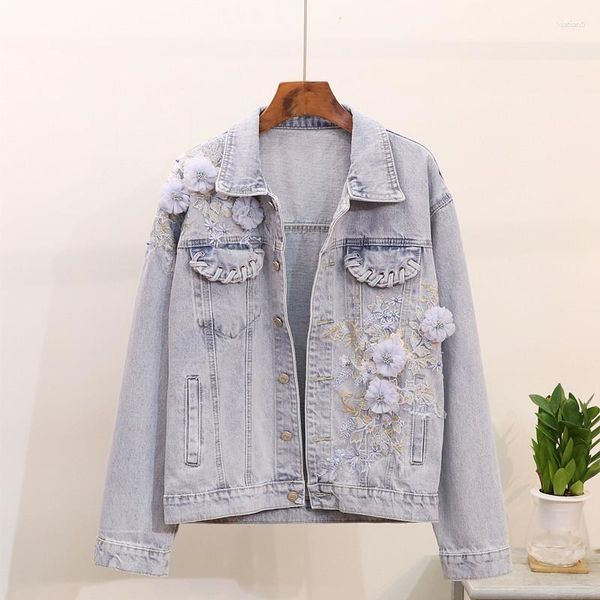 Chaquetas de Mujer 2023, Chaqueta de otoño con cuello vuelto, abrigo vaquero decorado con flores en 3D, Tops para Mujer, Chaqueta para Mujer, prendas de vestir, Casaco