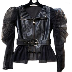 Damesjacks 2023 Herfstnet Rrose Mesh Mouds Stitching Pu Short Leather Jacket Fashion Women Coat