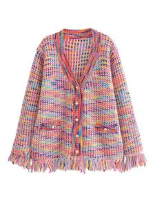 Vestes Femmes 2023 Automne Rainbow Couleur Pull tricoté Femmes Mode Gland Décoration Cardigan Vintage Simple Boutonnage Casual Tops 230830