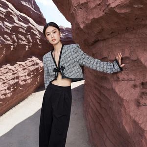 Vrouwen Jassen 2023 Herfst Retro Chinese Stijl Schijfgesp Tweed Gevlochten Kleur Contrast Geruit Kort Jasje Vrouwelijke Y2k