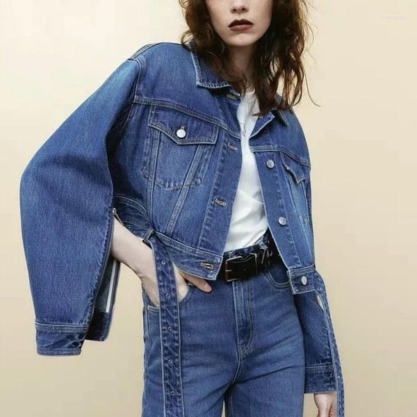 Jaquetas femininas 2023 outono retro zíper manga denim jaqueta para mulheres com cinto