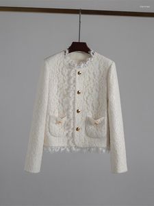 Vestes pour femmes 2023 Automne Petit Parfum Court Manteau De Dentelle Français Soluble Dans L'eau Crochet Fleur Col Rond Manches Longues Blanc