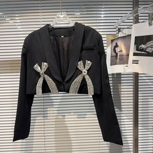 Damesjassen 2023 Herfststijl Big Rhinestone Bow Gevarde schouder Short Suit jas Vrouwen vrouwelijk zwart bijgesneden blazer jas tops