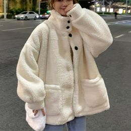 Vestes pour femmes 2023 automne hiver polaire doux manteaux flous col montant chaud en peluche Harajuku boutons vêtements d'extérieur décontractés