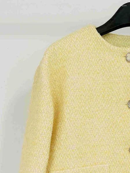 Chaquetas de mujer 2023 Otoño/Invierno cuello redondo Tweed amarillo corto Simple Casual abrigo de una botonadura para mujer
