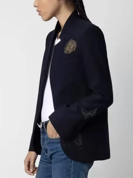 Chaquetas de mujer 2023 Otoño Invierno Traje recto Casual Rhinestone Manga larga Cuello de pie Blazer de mujer