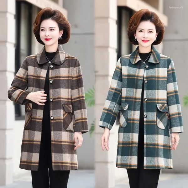 Vestes Femmes 2023 Automne / Hiver Style Double Face Cachemire Manteau Pour Maman D'âge Moyen Haute Qualité Western Plaid Laine À La Main Femmes