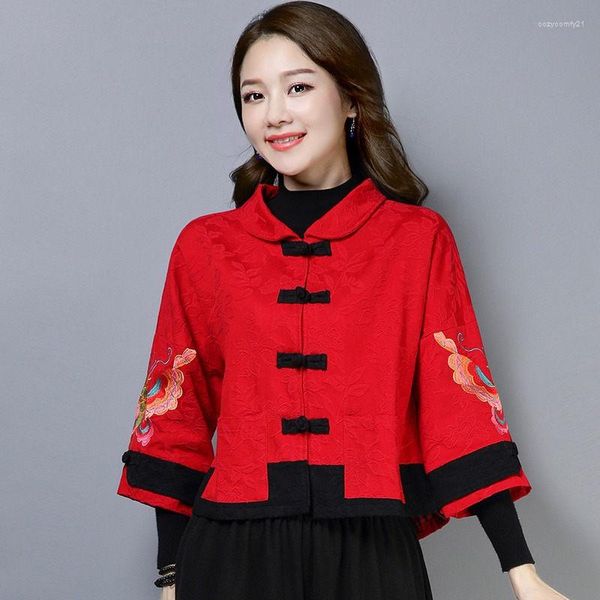 Vestes femme 2023 automne veste femme Style ethnique chinois rétro broderie Tang costume haut Jacquard coton et lin manteau court