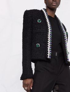 Damesjassen 2023 herfst vrouwen zwarte blazer korte stijl kristallen jas mode diamanten pocket tweed wollen jas