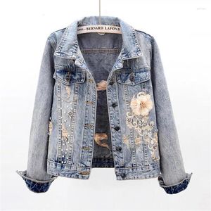 Vestes Femmes 2023 Automne Femmes Denim Veste À Manches Longues Pardessus Lâche Bouton En Trois Dimensions Perles Outwear Jeans Déchirés