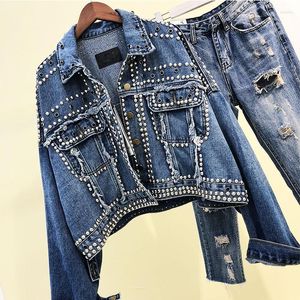 Damesjassen 2023 herfstvrouwen Harajuku rode denim jas jas zware hand kralen Rivet Short Black Jeans Student Basic Coats Outfit