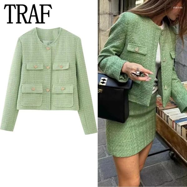 Chaquetas de mujer 2023 chaqueta de tweed recortada mujer otoño verde vintage mujer moda elegante mujer manga larga abrigos cortos