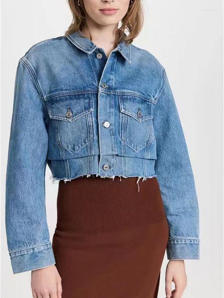 Chaquetas de mujer 2023 principios de otoño personalizado retro clásico denim azul lavado chaqueta de cintura ligera