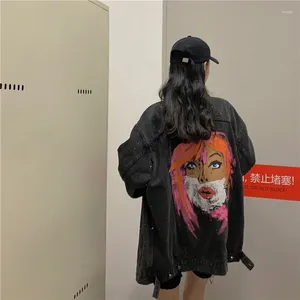 Chaquetas de mujer 2023 Principios de primavera Versión coreana de abrigo pintado a mano con personajes de estilo perezoso suelto y mezclilla vieja