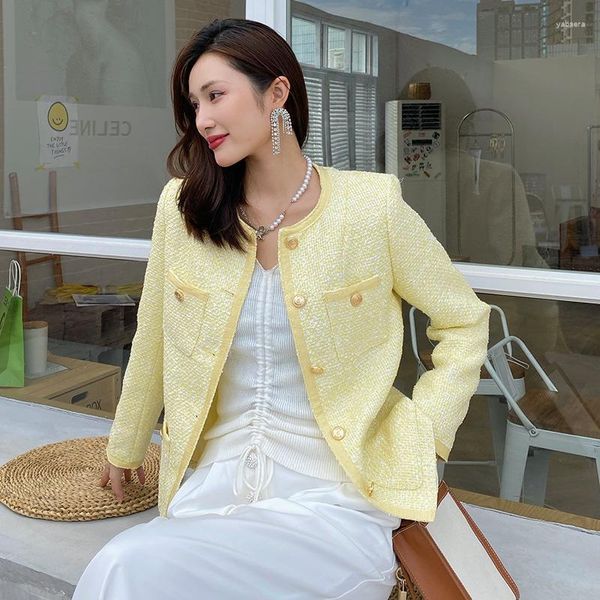 Chaquetas de mujer 2023 Caída en ropa exterior Mujeres elegante O-cuello de un solo pecho Mezclas de lana Abrigos Moda coreana Chaqueta de tweed amarilla