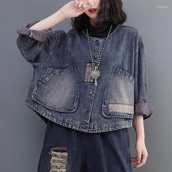 Vestes pour femmes 2023 mode Denim pour femmes à manches longues foncé Vintage lâche courte couture décontractée