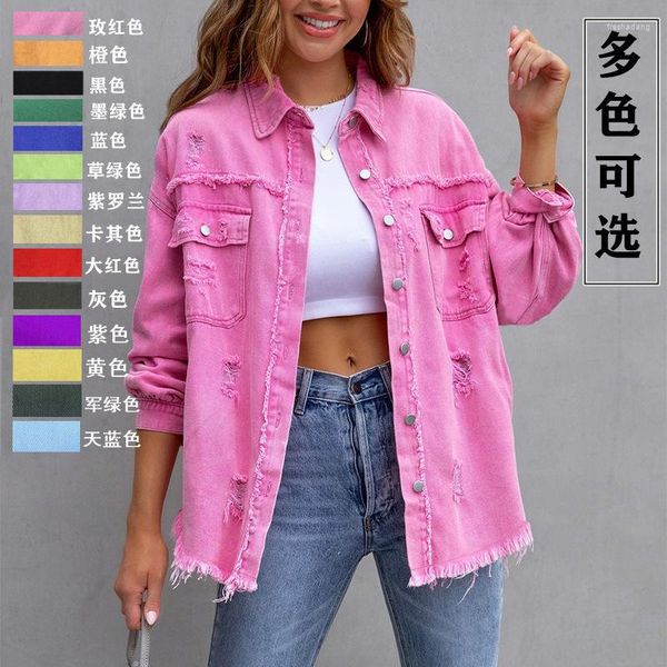 Vestes Femmes 2023 Mode Denim Veste Femmes Manches longues Casual Revers Faire vieux trous cassés Glands Rose Violet Noir Demin