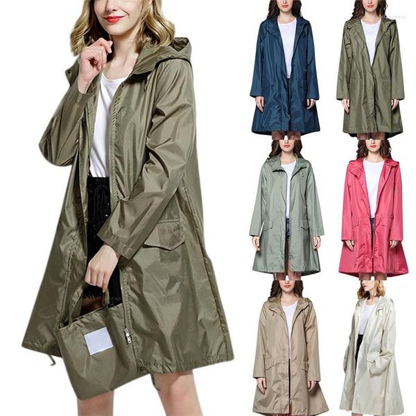 Vestes pour femmes 2023 mode coupe-vent avec capuche imperméables extérieur Long manteau veste imperméable pluie fermeture éclair décontracté