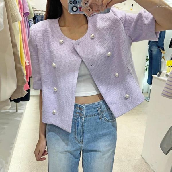 Chaquetas de mujer 2023 Moda coreana Pequeñas mujeres fragantes Chaqueta de tweed púrpura Abrigo Vintage Lady Manga corta Elegante Botón de perla Casual