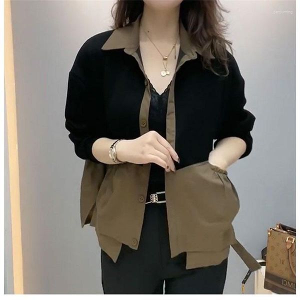 Chaquetas de mujer 2023, abrigo coreano de alta gama con costuras en contraste para mujer, cuello Polo exótico de primavera, doble bolsillo, camiseta informal holgada para madre