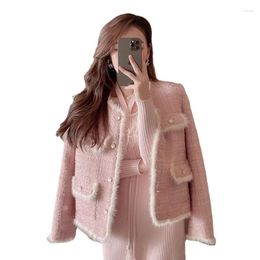 Damenjacken 2023 Koreanische rosa gespleißte Pelz Plaid Tweed Jacke Frauen elegante Design Rundhals Kurzmantel Vintage Langarm Chaqueta