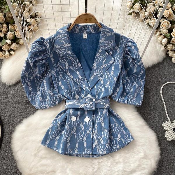 Chaquetas de mujer 2023, moda de verano coreana, chaqueta de encaje Premium para mujer, Top corto ajustado con doble botonadura y manga de burbuja