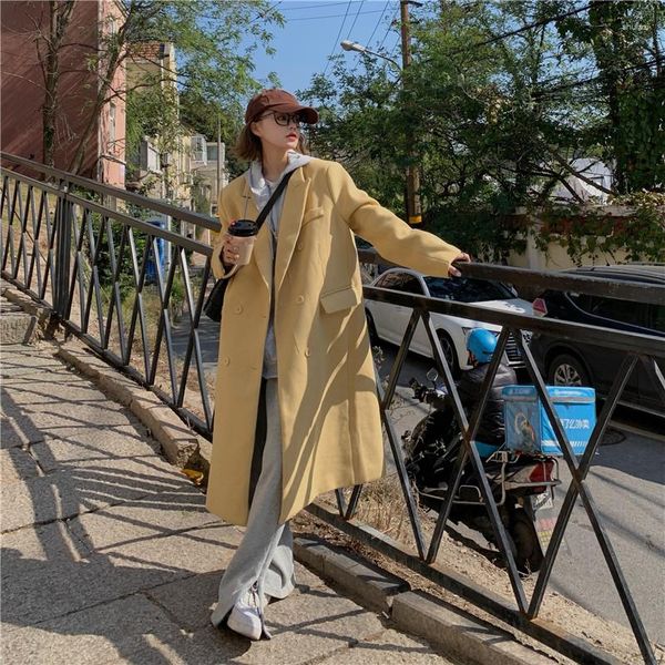 Chaquetas de mujer 2023 sueltas cálidas amarillas largas sobre la rodilla chaqueta de algodón abrigo de invierno de lana para mujeres