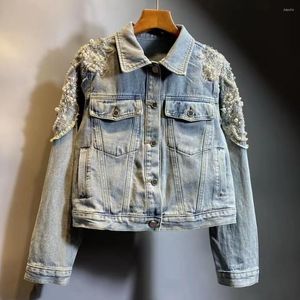 Vestes Femmes 2023 Printemps Automne Coréen Perles Lourdes Strass Mode All-Match À Manches Longues Jean Veste Recadrée Denim Manteau Pour Femmes