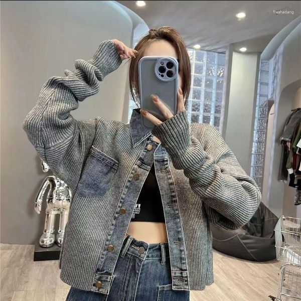 Vestes pour femmes 2023 printemps automne Vintage Denim veste mode Chic tricoté Patchwork Cardigan à manches longues vêtements d'extérieur rue lâche manteau décontracté