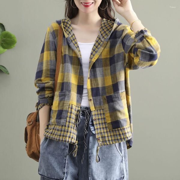 Vestes Femmes 2023 Printemps Été Arts Style Femmes Manches Longues Lâche Casual Coton Lin Plaid Simple Boutonnage À Capuchon Court Manteaux