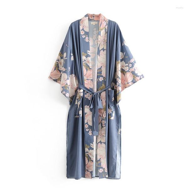 Chaquetas de mujer 2023 Primavera Verano Bohemio Cuello en V Estampado de flores de pavo real Camisa larga de kimono Camisa étnica con cordones Cardigan Blusa suelta