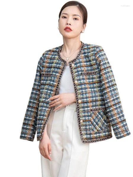 Chaquetas de mujer 2023 Streetwear Tweed Plaid Chaqueta de lana Mujer Abrigo corto Otoño Invierno O-cuello Botón Bolsillo Casual Tops Mujer Suelta