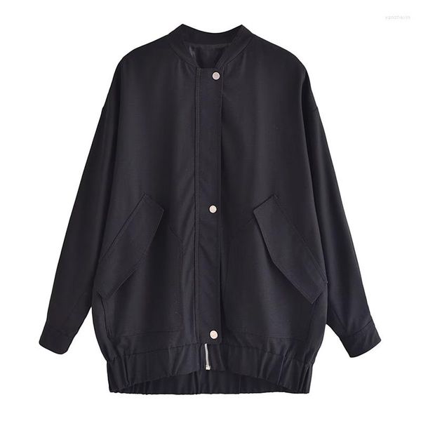 Chaquetas de mujer estilo 2023 cuello alto de manga larga Casual suelta versión larga chaqueta de bombardero abrigo negro Simple Top que combina con todo