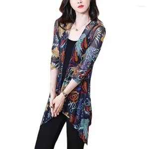 Vestes Femmes 2023 Summer Casual LooseLady Châle extérieur Mi-longueur à manches à neuf points Manteau mince Cardigan en maille imprimée Sunscreen Slim Top